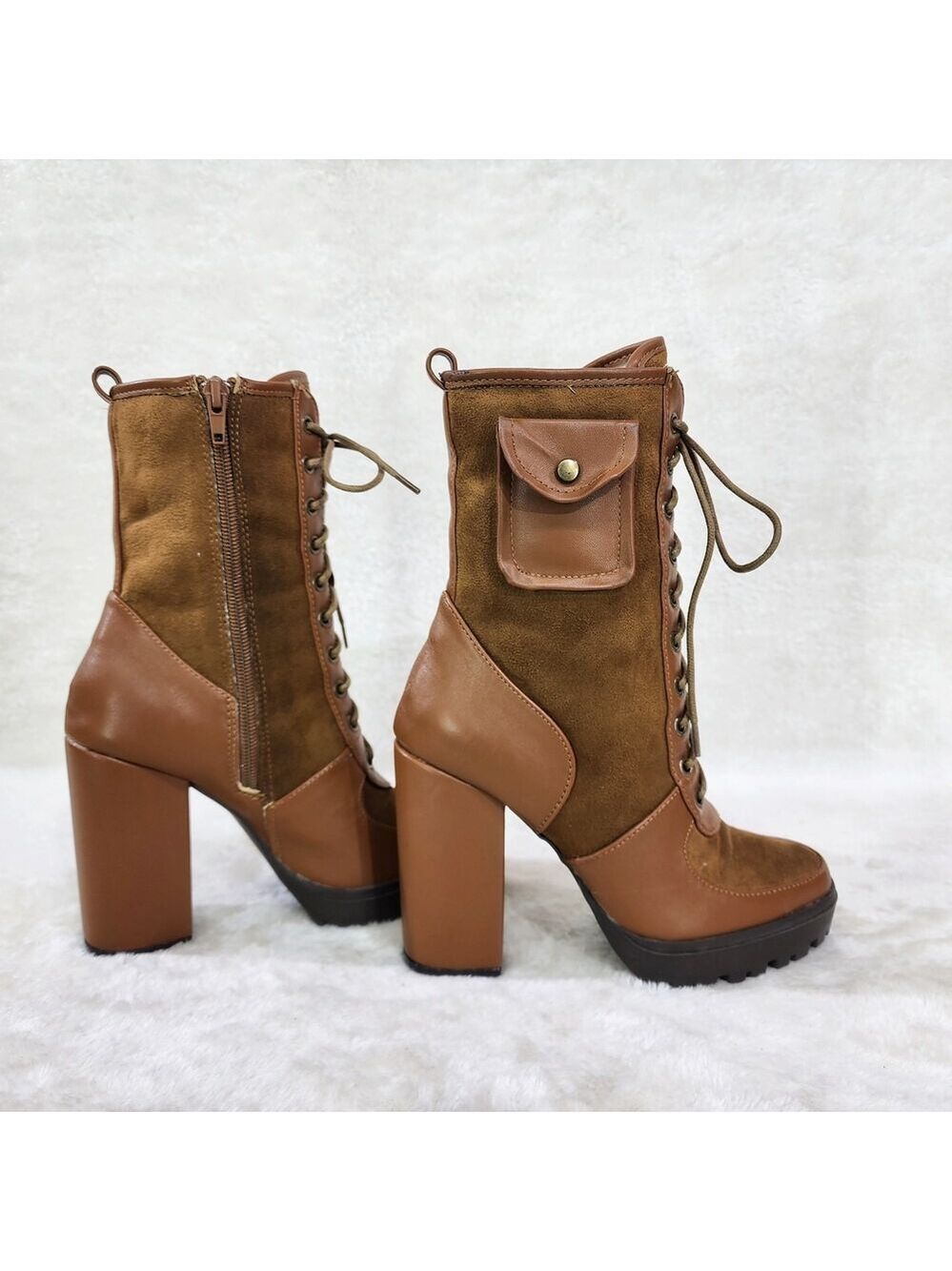 NIB Park Ave Brown / Tan Faux Suede Chunky Platform High Heel Ankle Boots - Picture 3 of 12